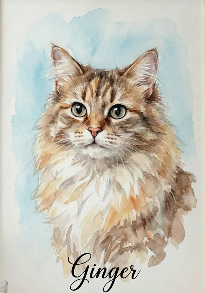 Soft watercolor portrait of Ginger, a long-haired tabby cat, with a pale blue wash