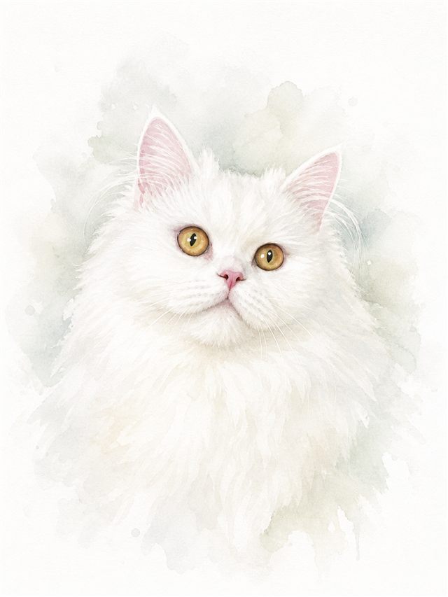 Minimal watercolor portrait sample of a white Persian cat