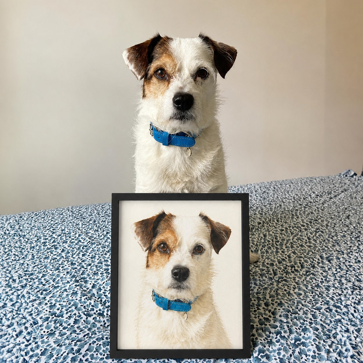 Terrier photo beside a finished watercolor portrait sample
