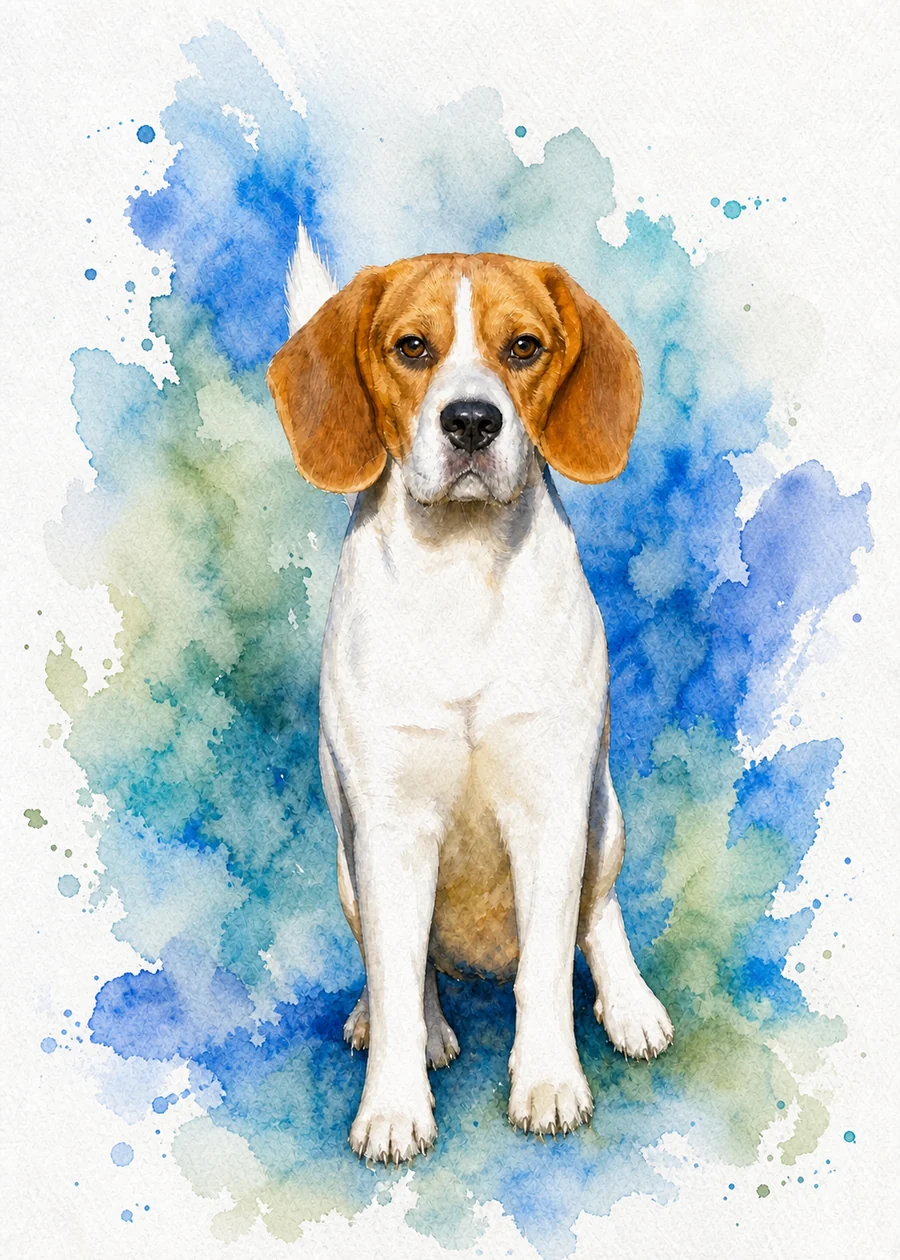 Bright classic watercolor portrait sample of a seated beagle