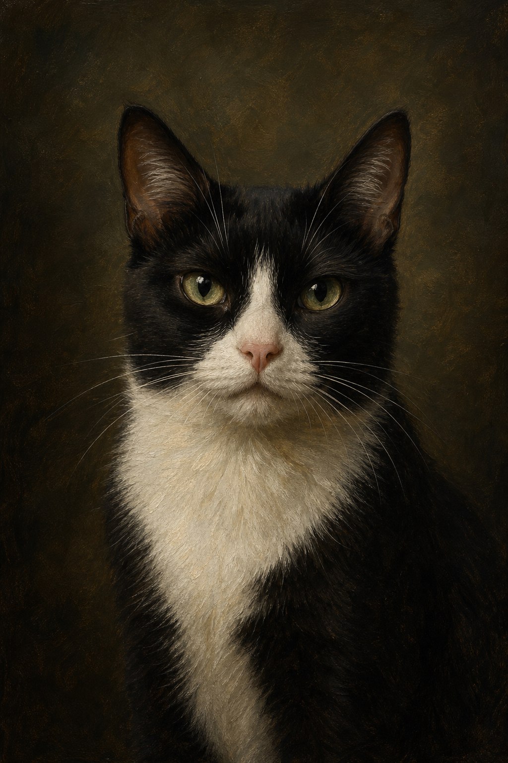 Classical oil painting portrait sample of a black-and-white tuxedo cat