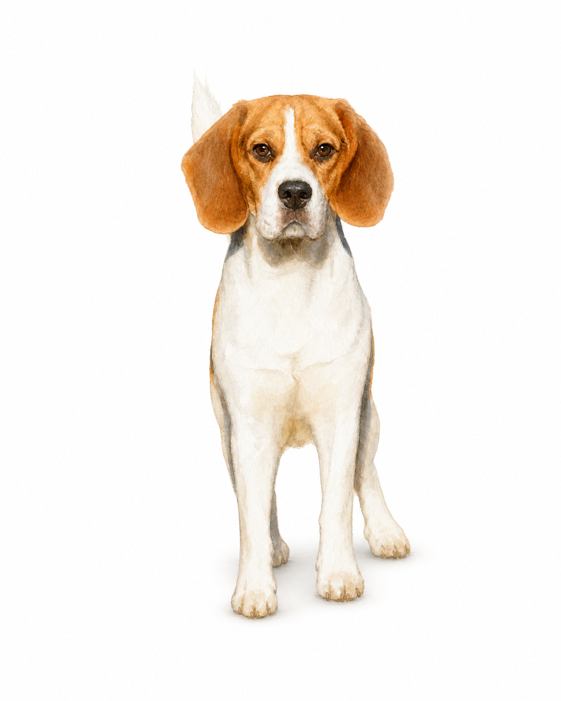 Memorial watercolor portrait of a standing beagle on a pure white background