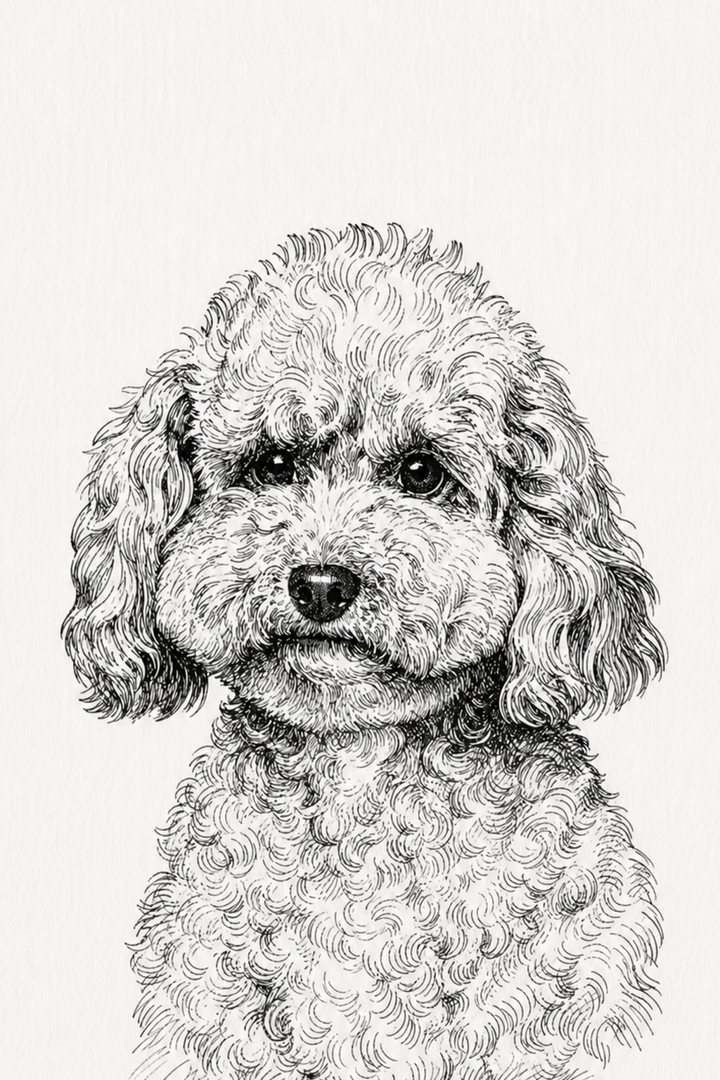 Black-and-white pen and ink portrait sample of a red poodle